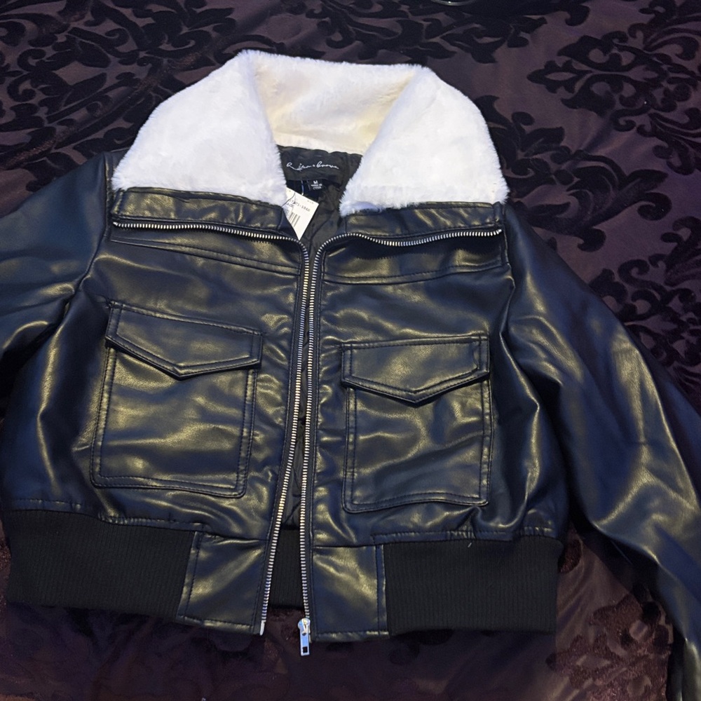 Black Leather Jacket with White Collar